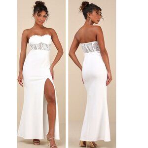 Sultry Persona White Lace Strapless Bustier Mermaid Maxi Dress Small New NWT